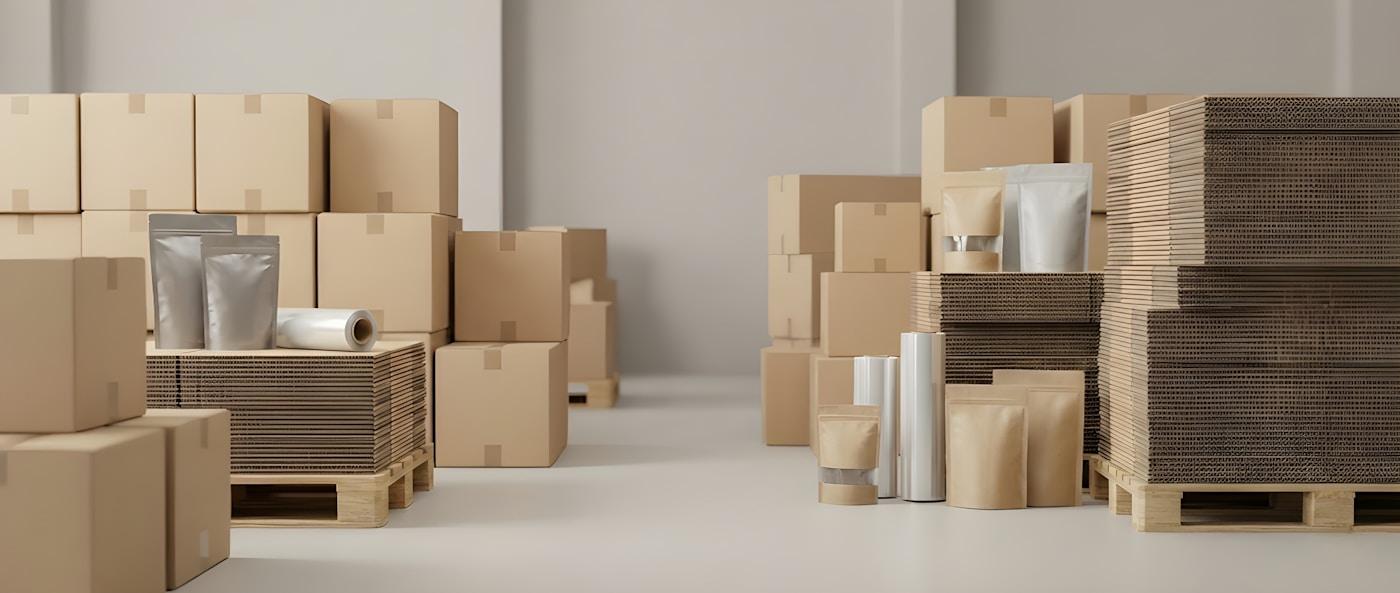 Packaging supplies and fulfilment boxes in a warehouse.