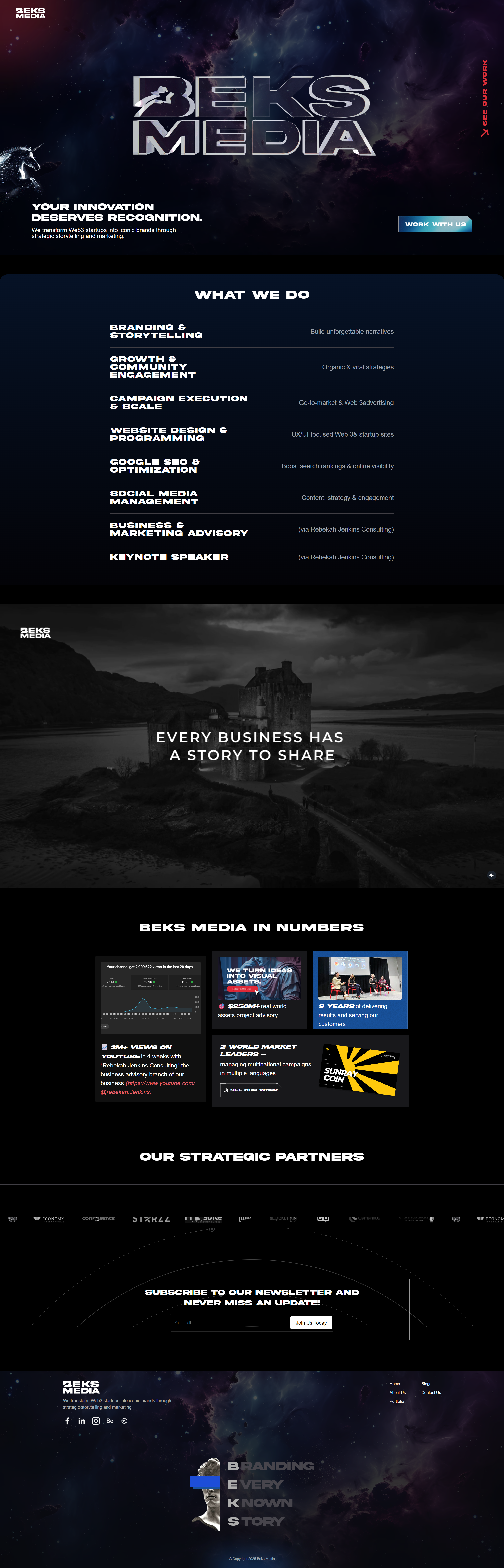 Beks Media homepage with high-contrast Web3 agency storytelling and space-inspired imagery.