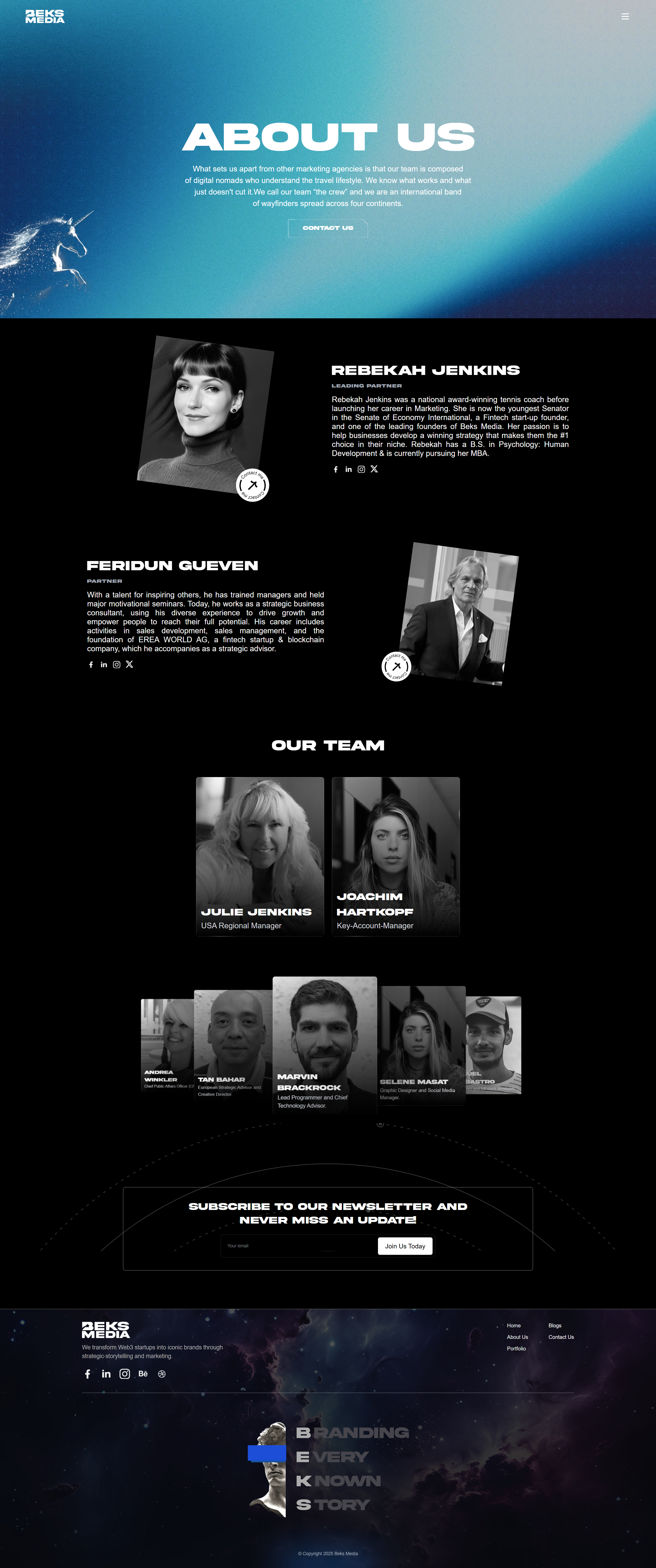 Beks Media About page presenting the agency team and leadership context.