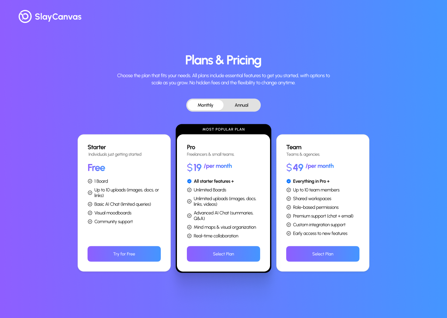 SlayCanvas plans page demonstrating pricing and subscription architecture.