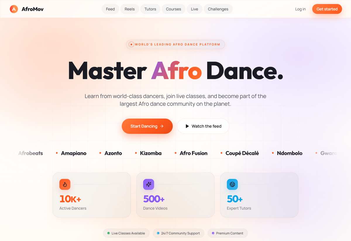 AfroMov public product page showing dance learning, creator, course, and community positioning.