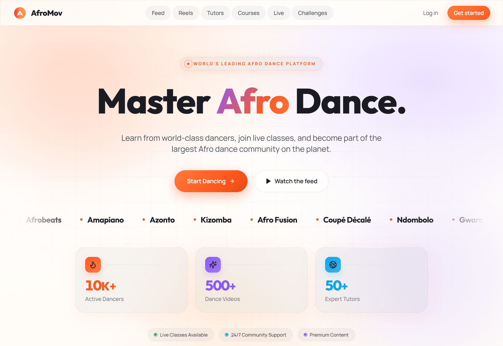 AfroMov public product page showing dance learning, creator, course, and community positioning.