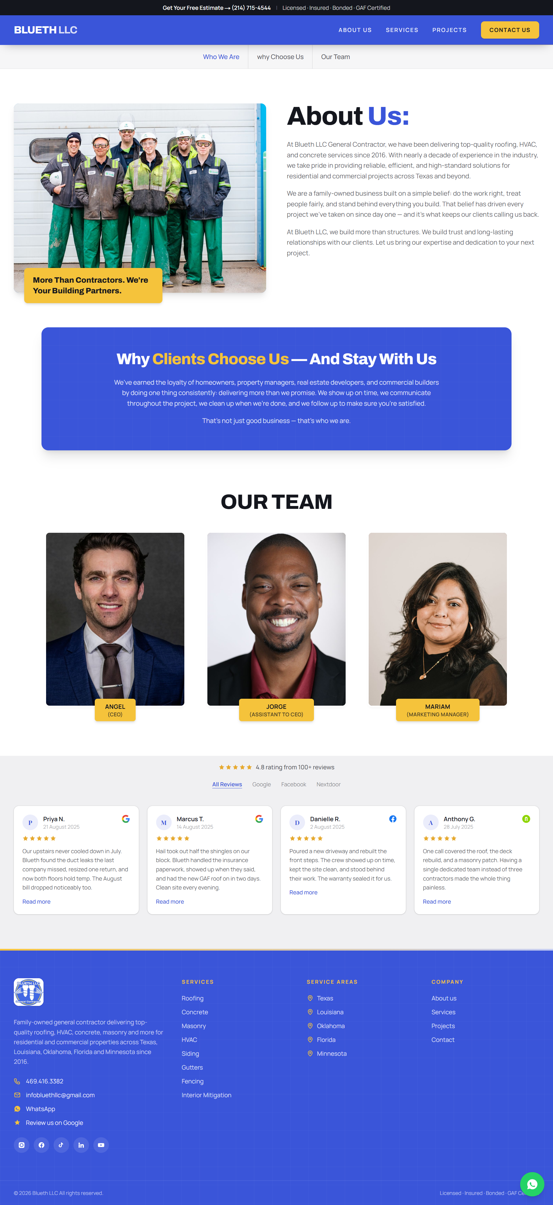 Blueth LLC About page presenting the company's construction focus and business story.
