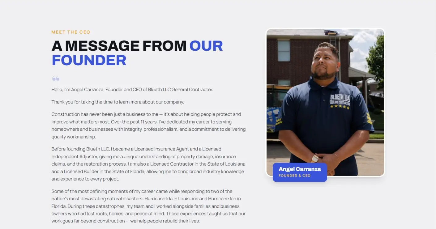 Blueth LLC company and founder page with Angel Carranza.