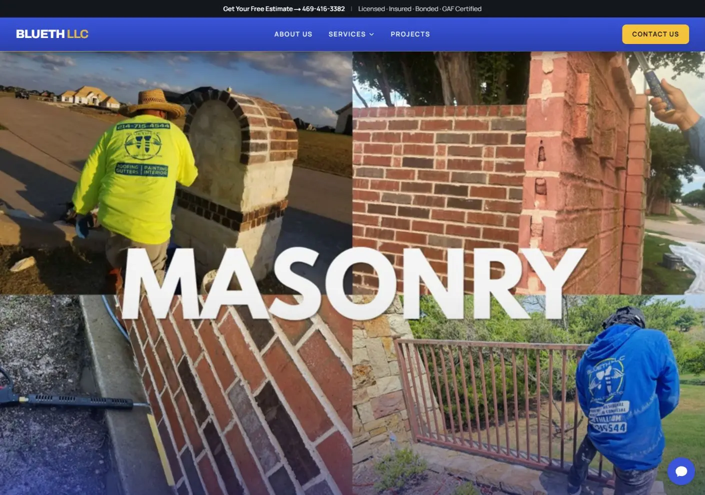 Blueth LLC redesigned contractor website homepage with a masonry service hero.