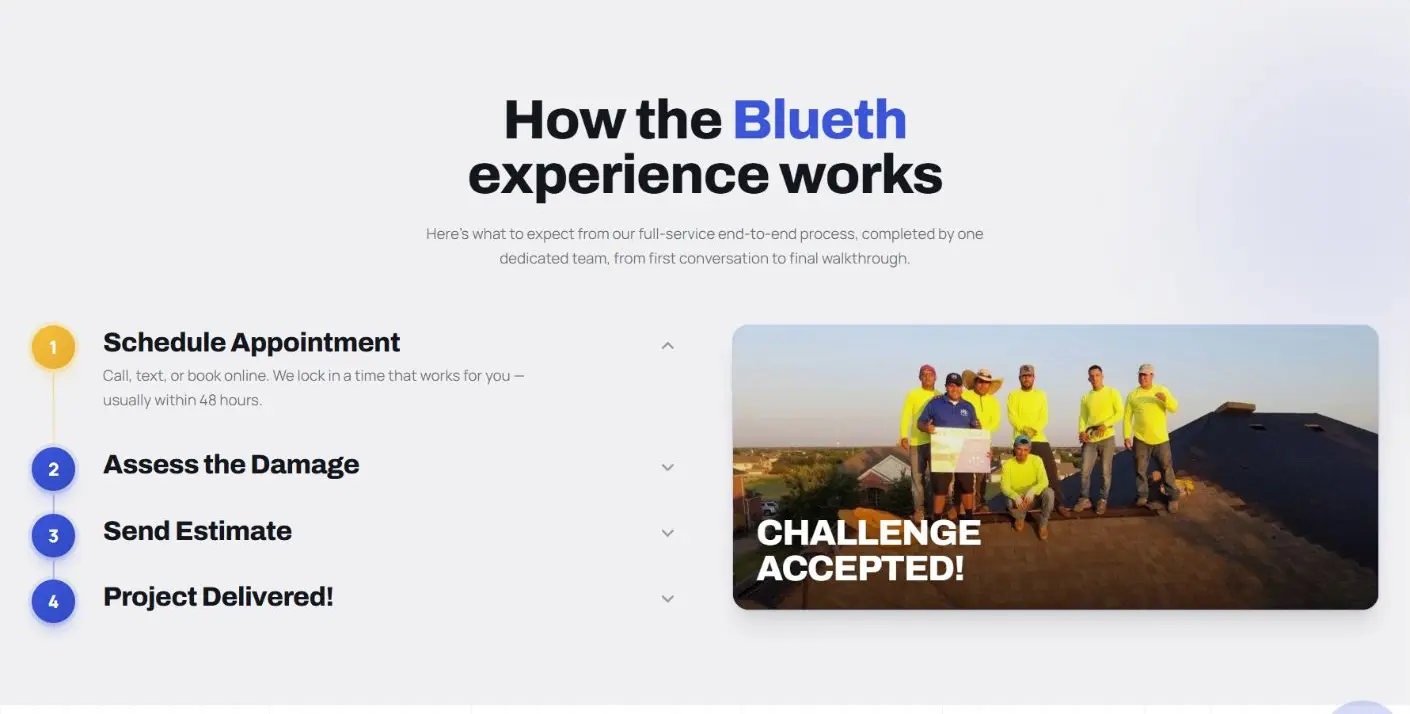 Blueth LLC customer process interface with four steps from appointment to project delivery.