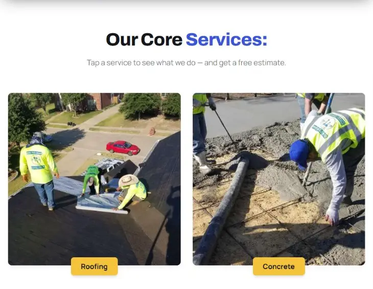 Blueth LLC services page with Roofing and Concrete service cards.