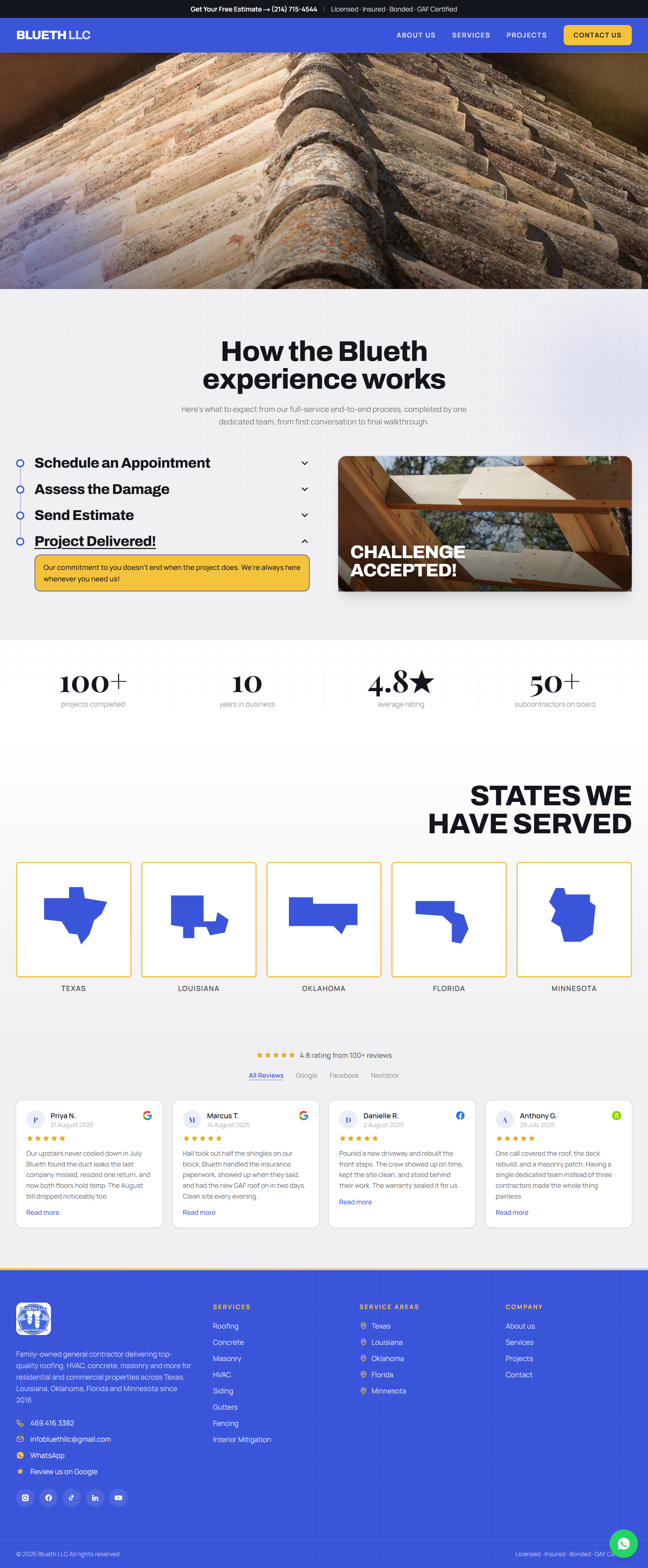 Blueth LLC website homepage presenting the construction and roofing business, services, project context, and enquiry path.