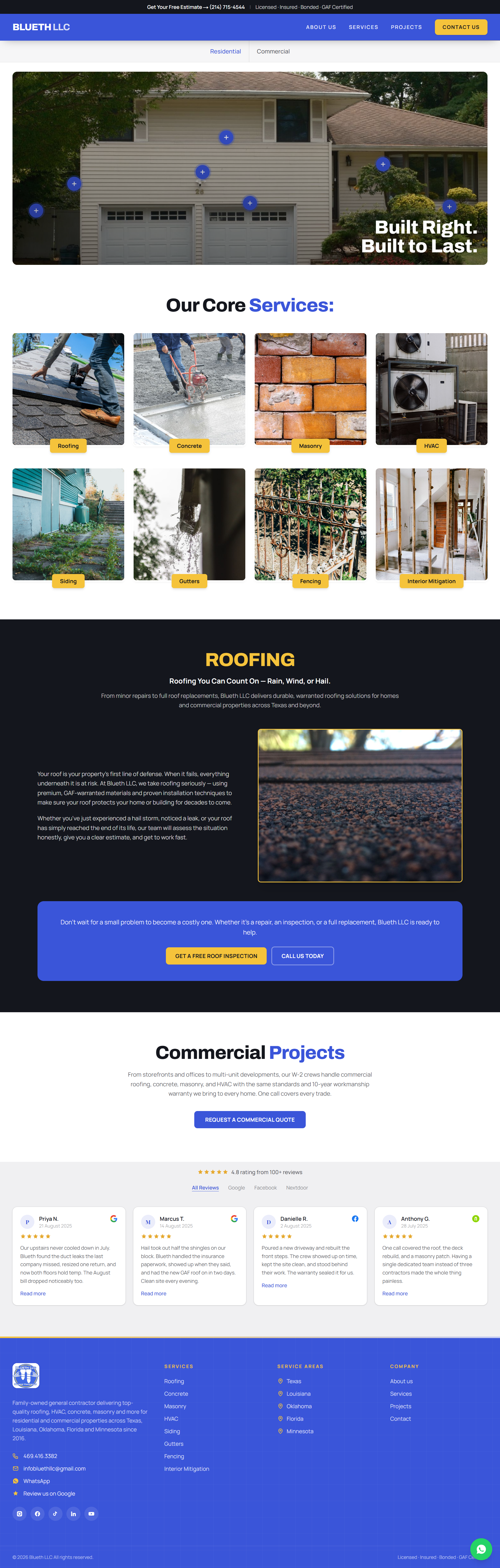 Blueth LLC services page presenting construction and roofing service categories and supporting information.