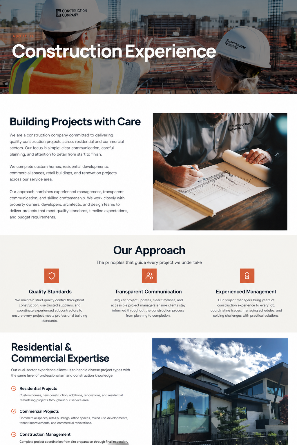 Privacy-safe desktop About page showing construction approach and capability sections.
