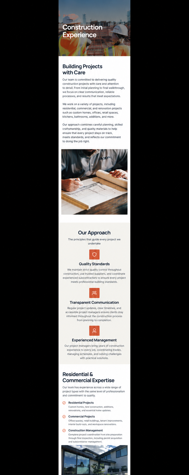 Privacy-safe mobile About page showing construction approach and capability sections.