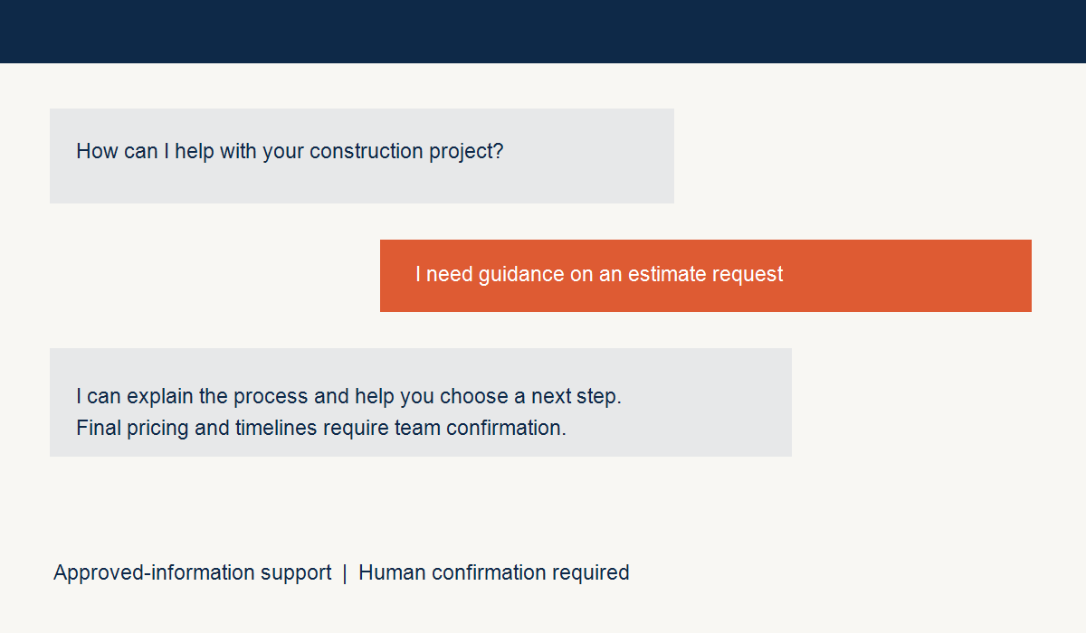 Neutral construction support conversation showing approved-information assistance and human confirmation boundaries.