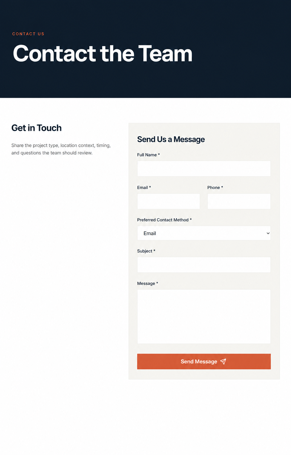 Privacy-safe construction contact page with a structured enquiry form and no identifying business details.