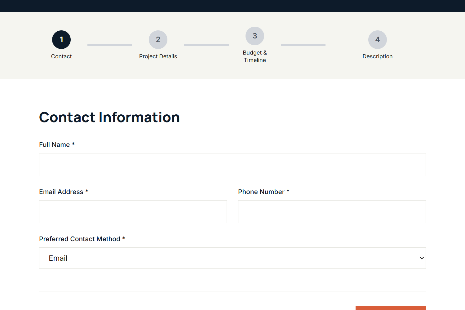 Privacy-safe desktop view of the complete four-stage construction estimate request.
