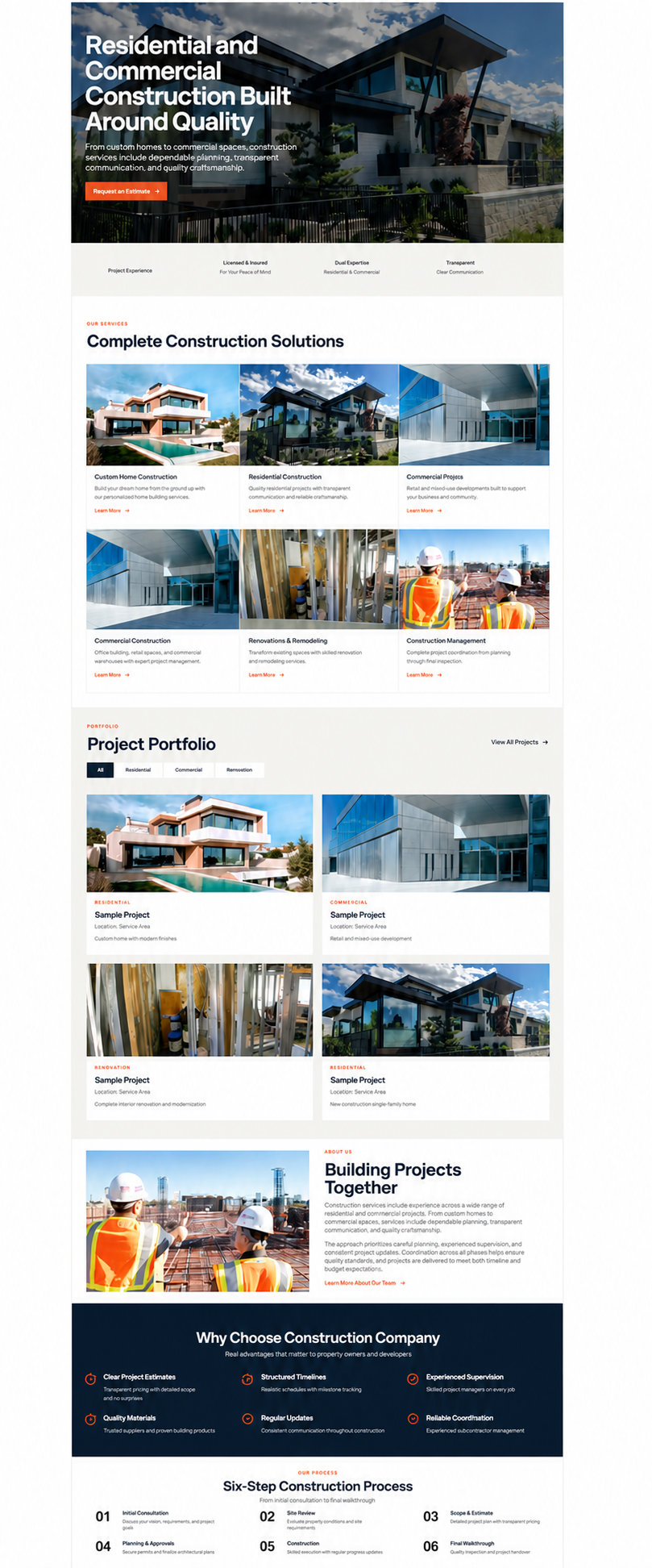 Privacy-safe construction website homepage showing services, project presentation, and process content.