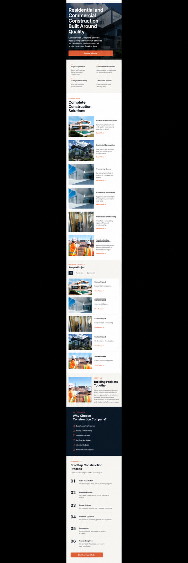 Privacy-safe mobile construction homepage carrying service and project content into a narrow layout.