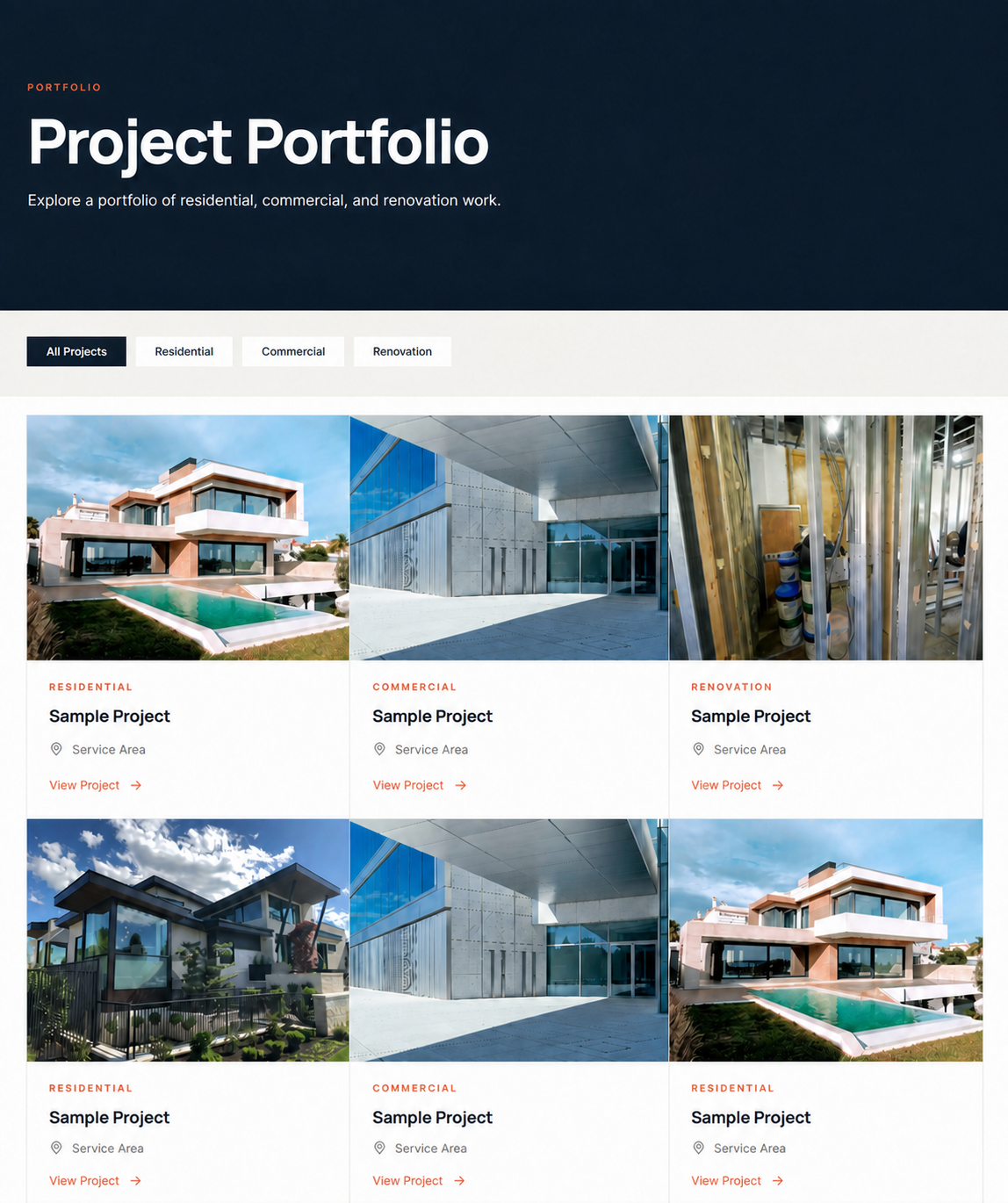 Privacy-safe construction portfolio with neutral sample-project labels and service-area references.