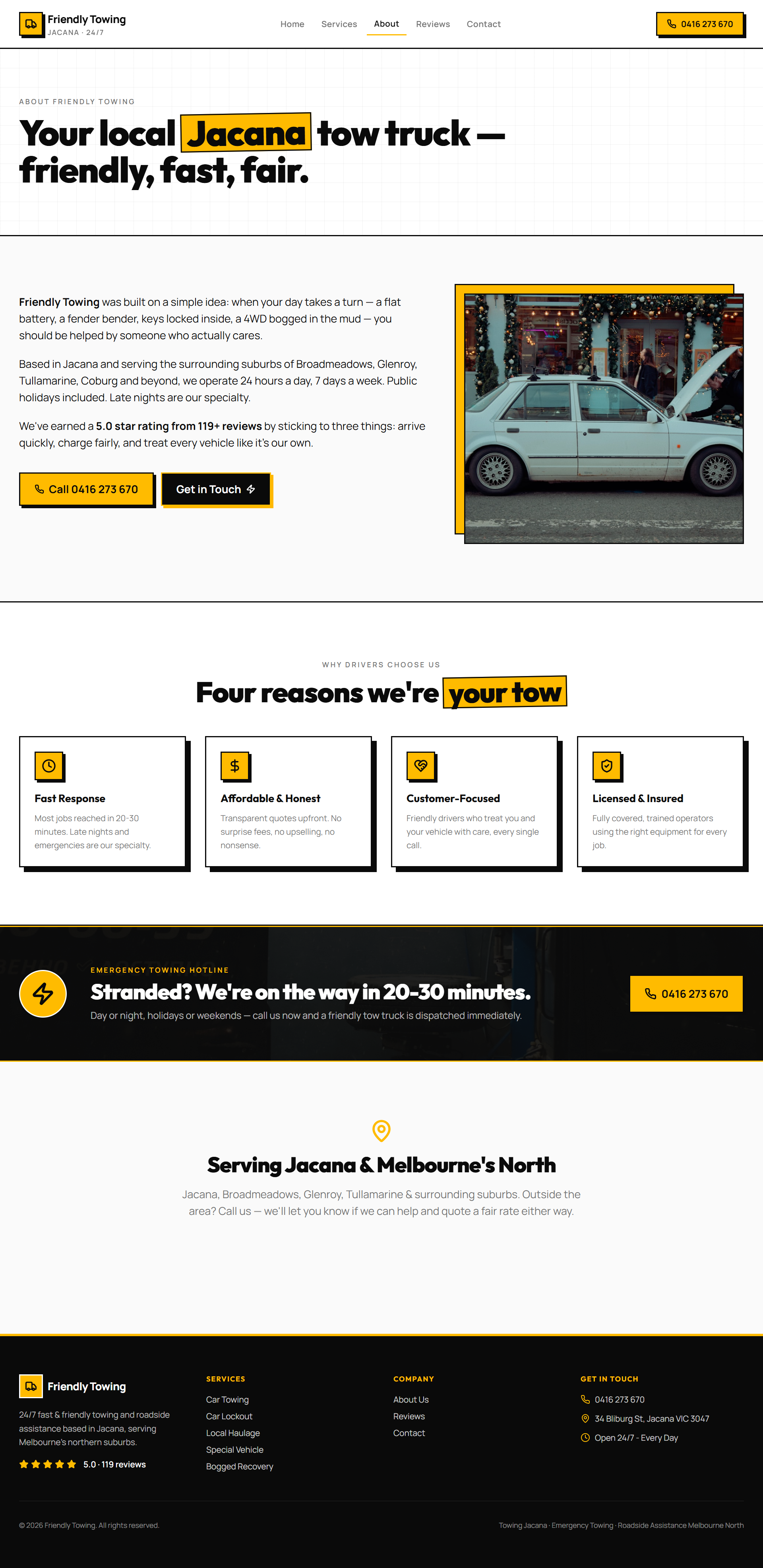 Friendly Towing About page carrying the Jacana-focused local positioning.