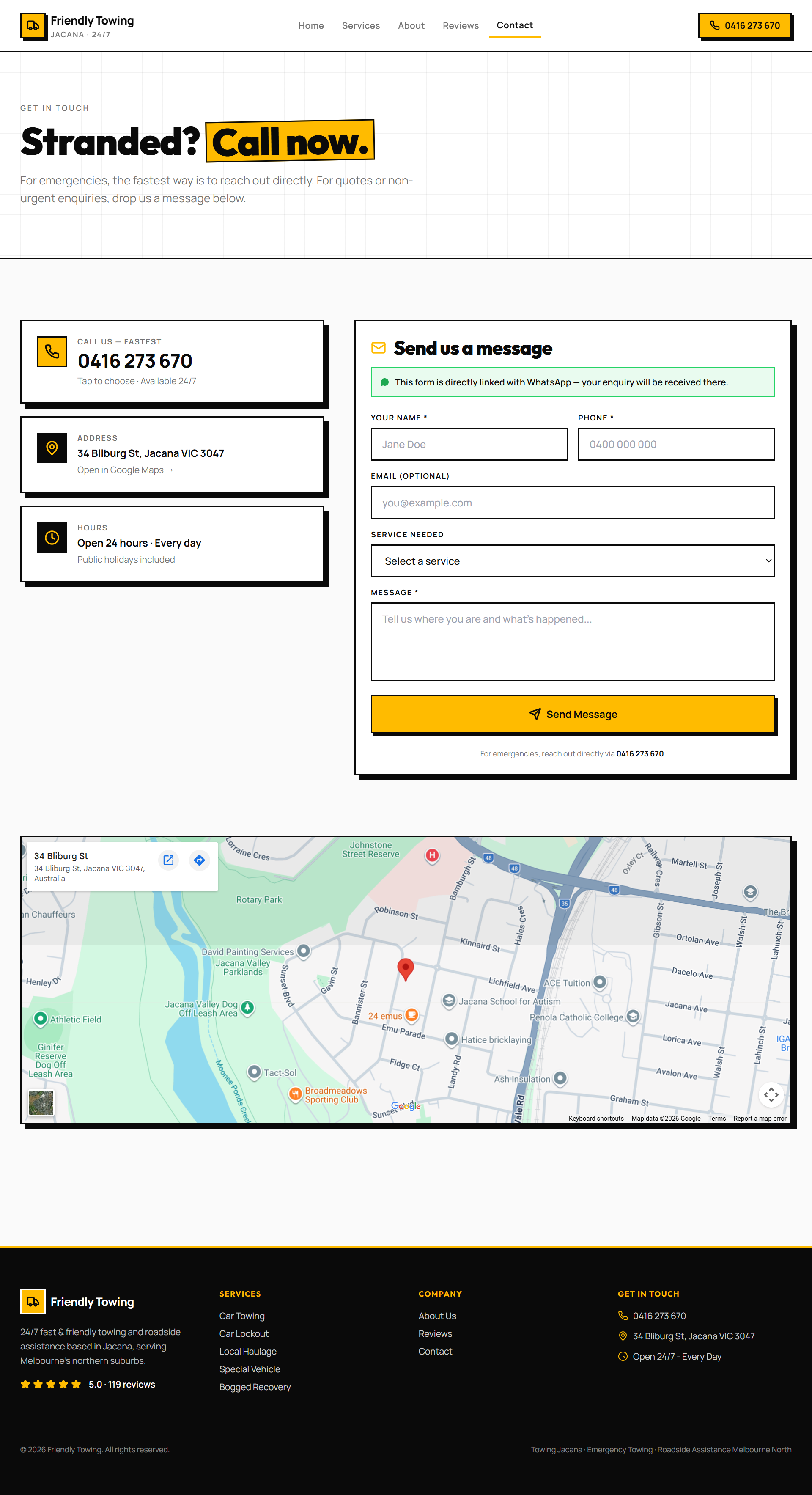 Friendly Towing contact page with structured WhatsApp-connected enquiry fields.