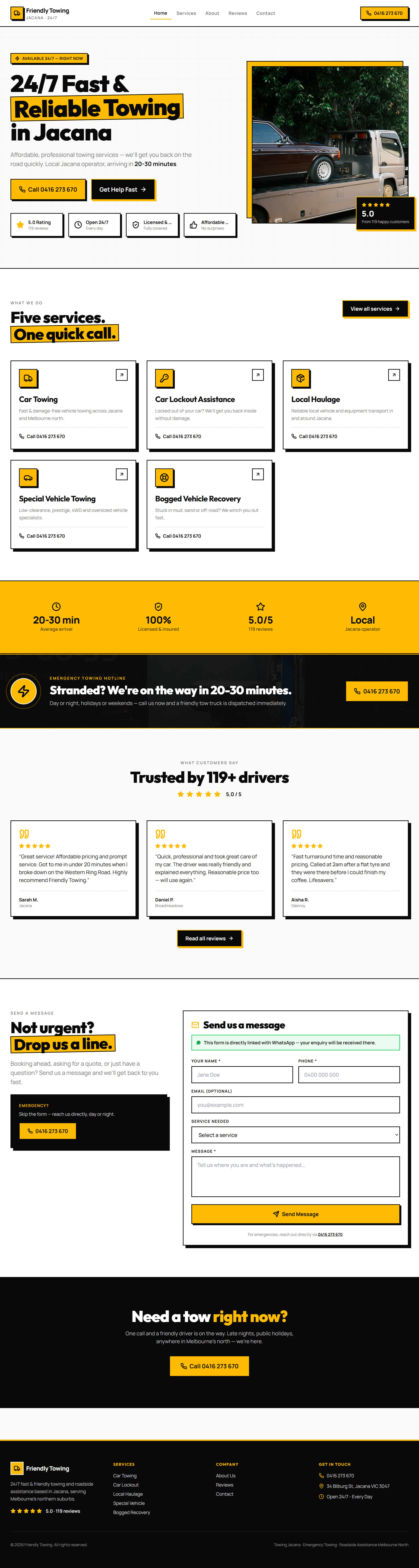 Friendly Towing homepage with Jacana-focused local positioning and bold yellow and black styling.