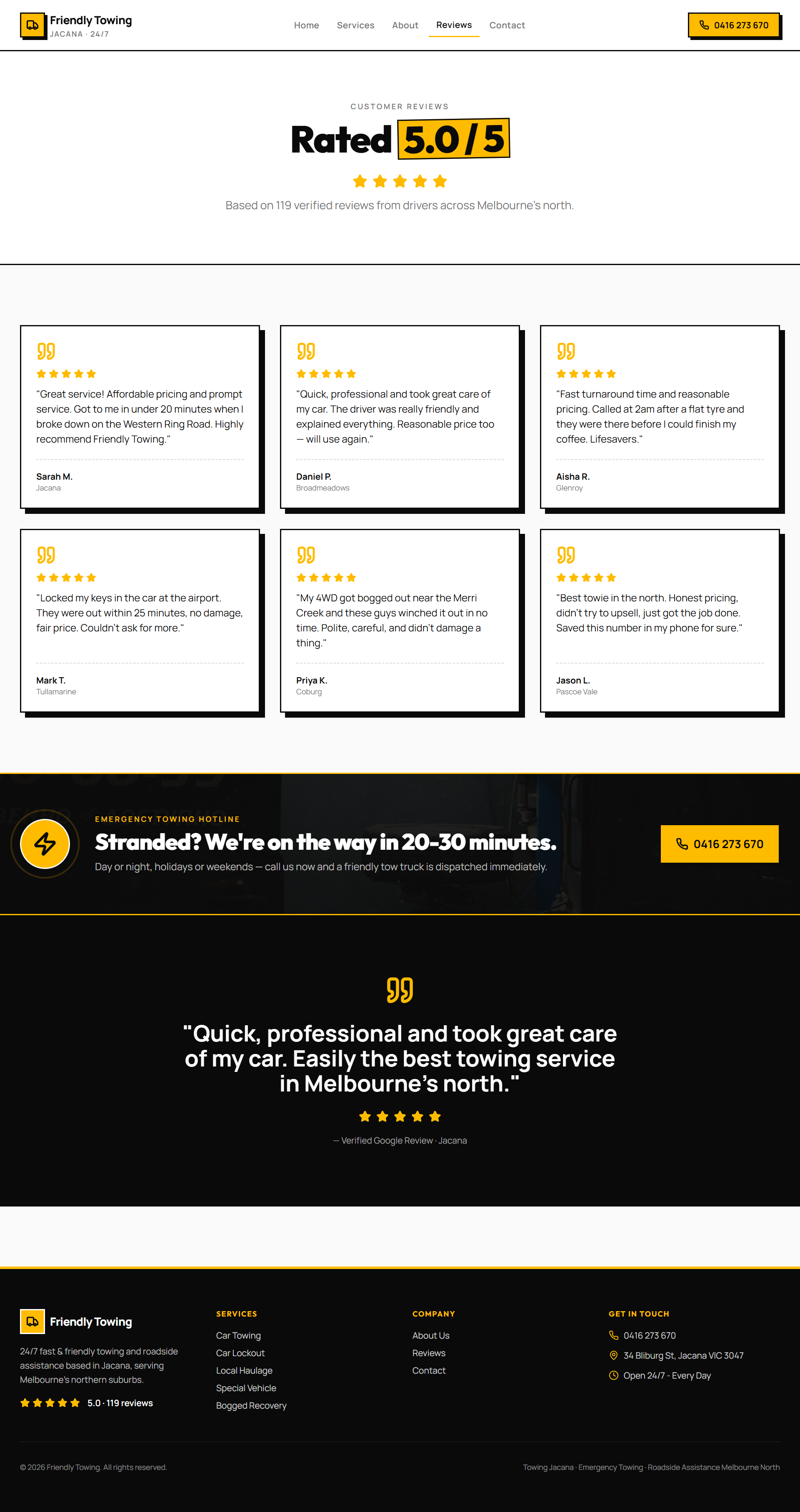 Friendly Towing reviews page showing client-provided customer statements.