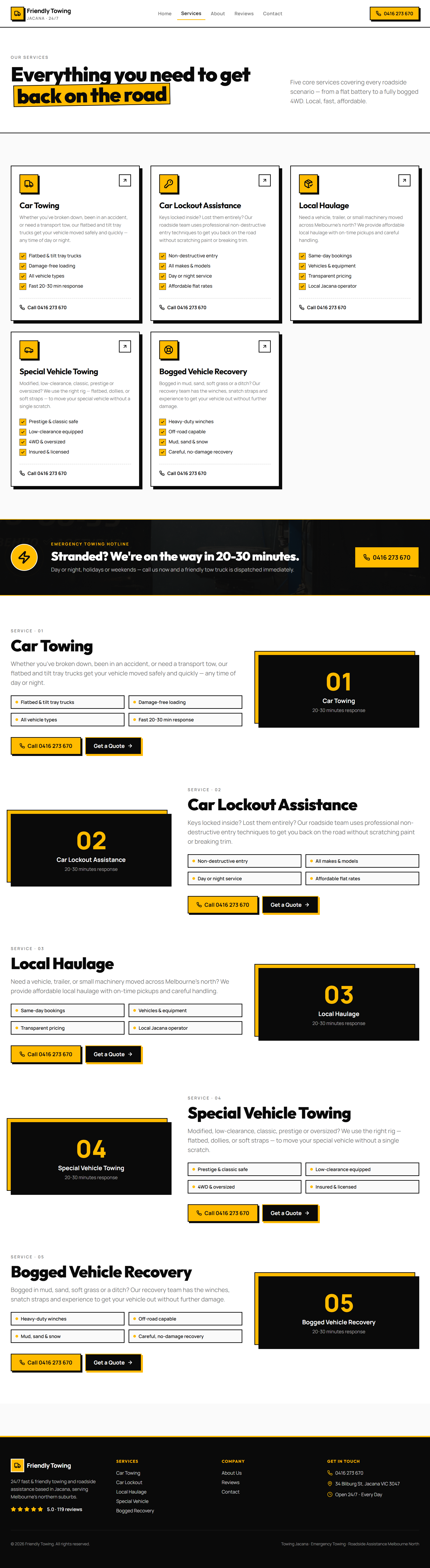 Friendly Towing services page with outlined towing service panels.