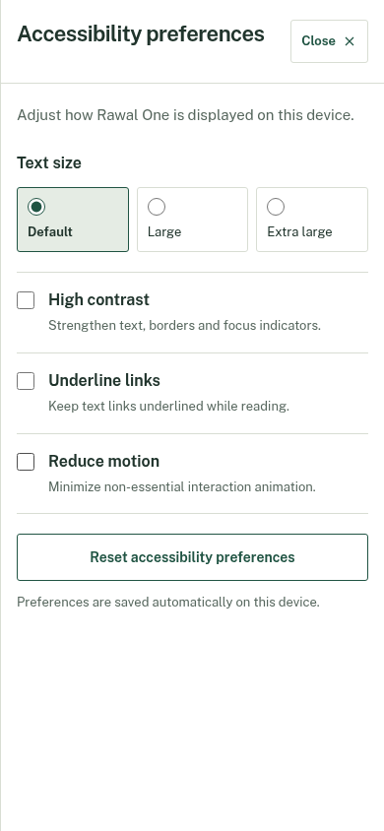 Rawal One mobile accessibility preferences for text size, high contrast, underlined links, and reduced motion.