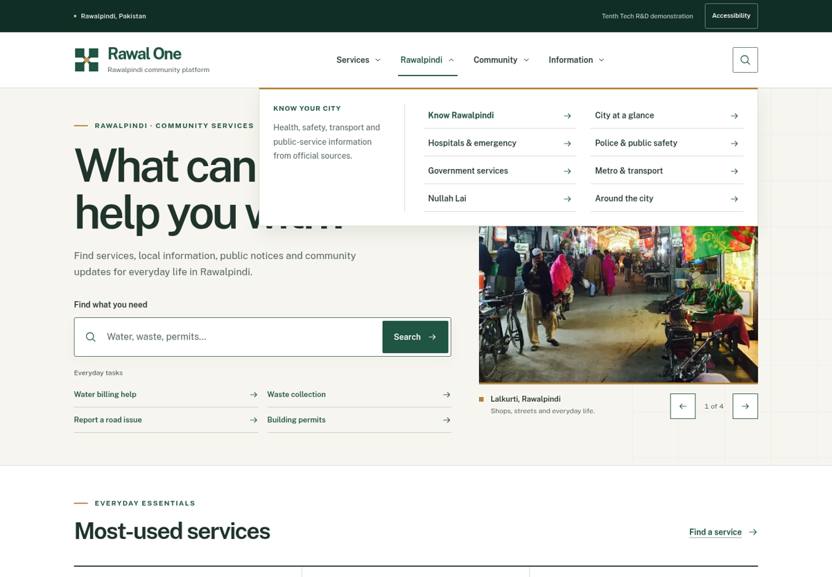 Rawal One resident homepage with city service search, everyday tasks, local photography, and the Rawalpindi information menu open.