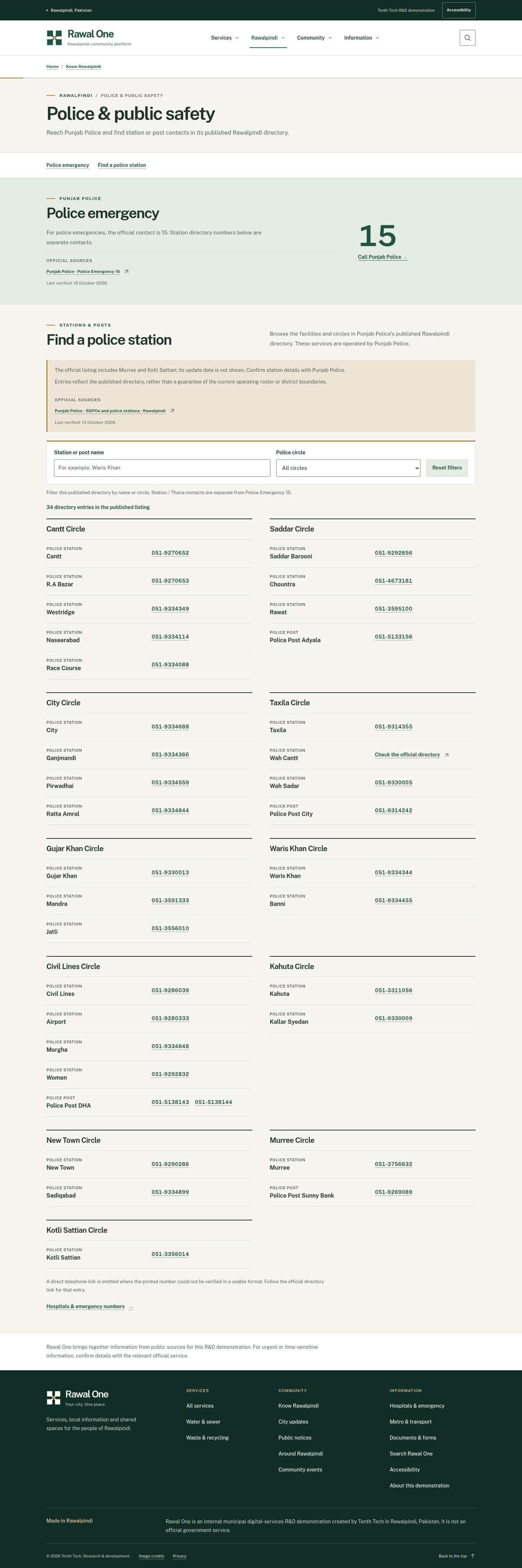 Rawal One police and public-safety directory with 34 station and post entries grouped across 11 circles.