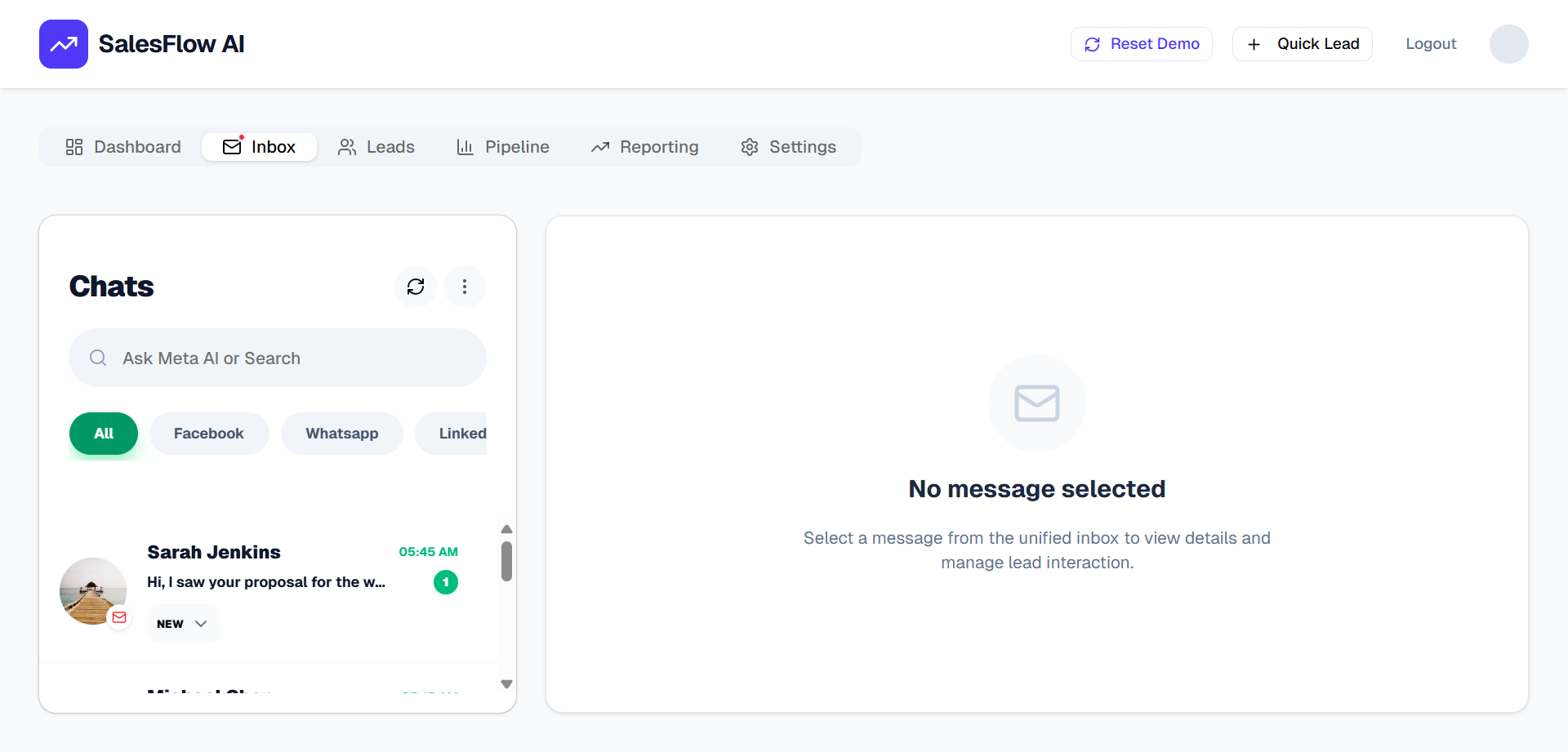 SalesFlow AI inbox demonstration connecting conversations with lead context.