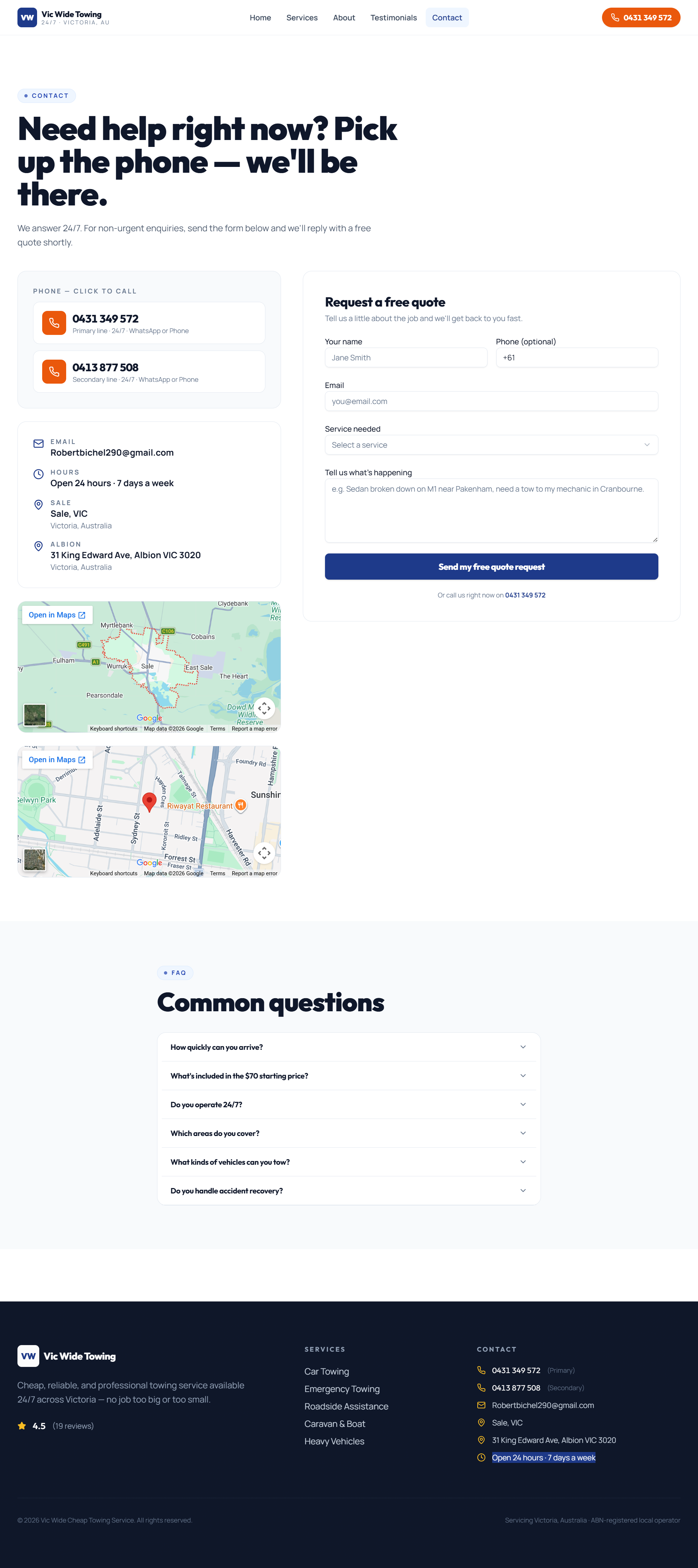 Vic Wide Towing contact and free quote page with location information.