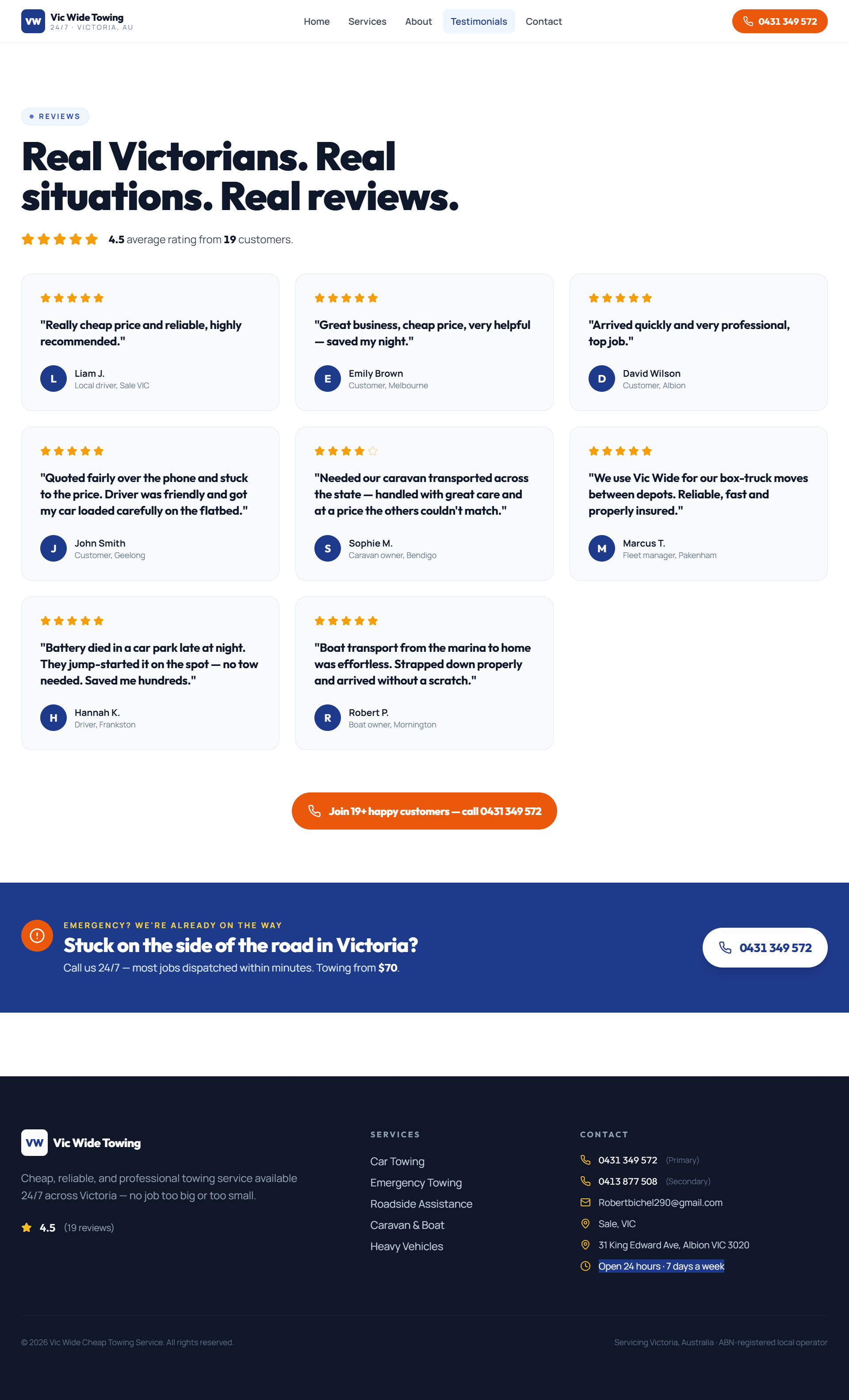 Vic Wide Towing testimonials page showing client-provided customer statements.