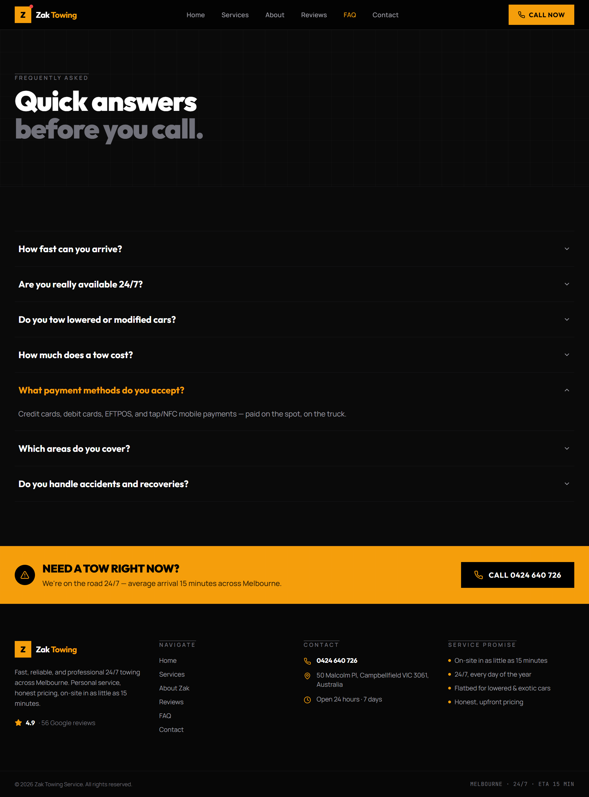 Zak Towing frequently asked questions page.