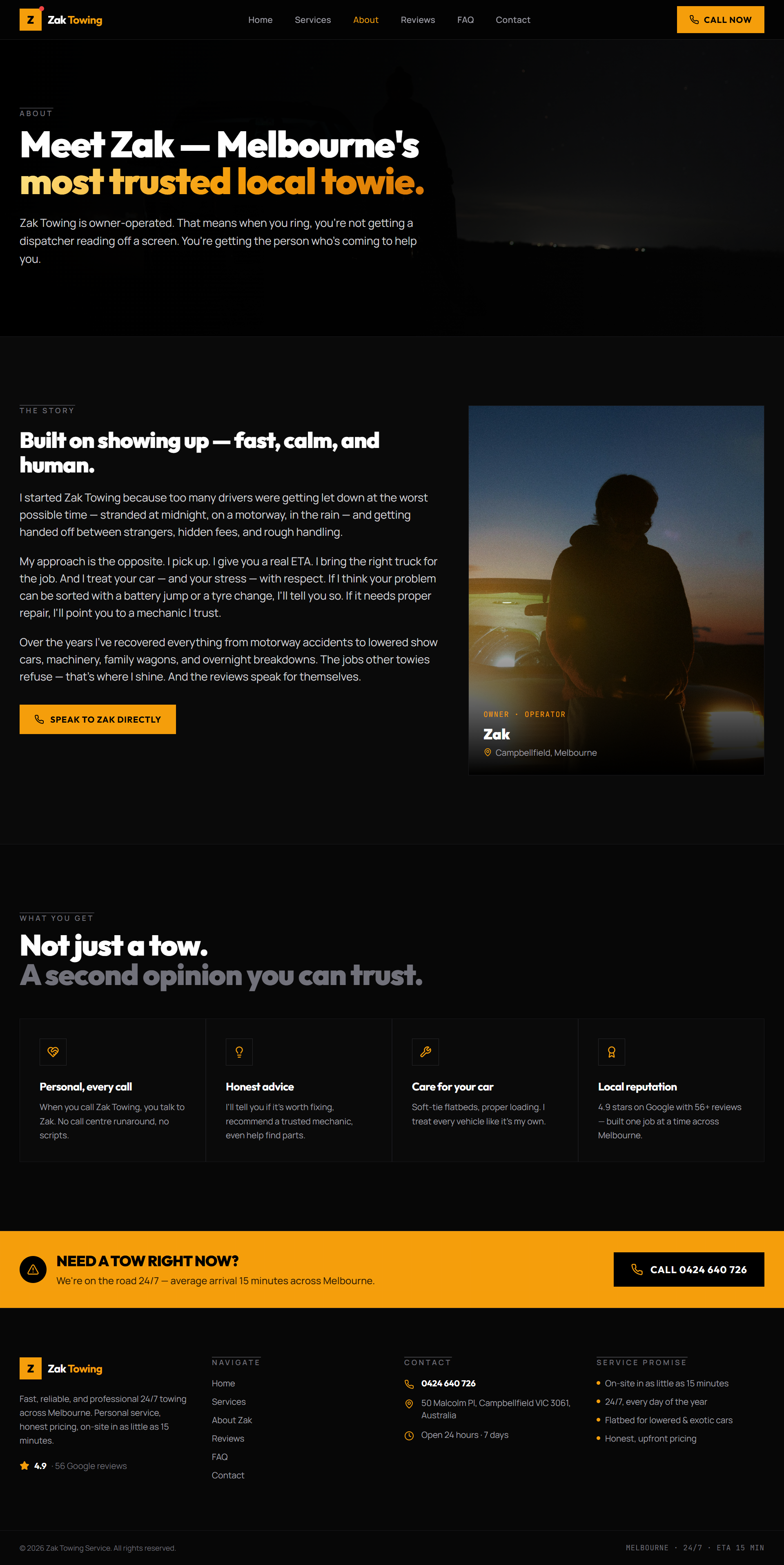 Zak Towing About page presenting its owner-led service context.