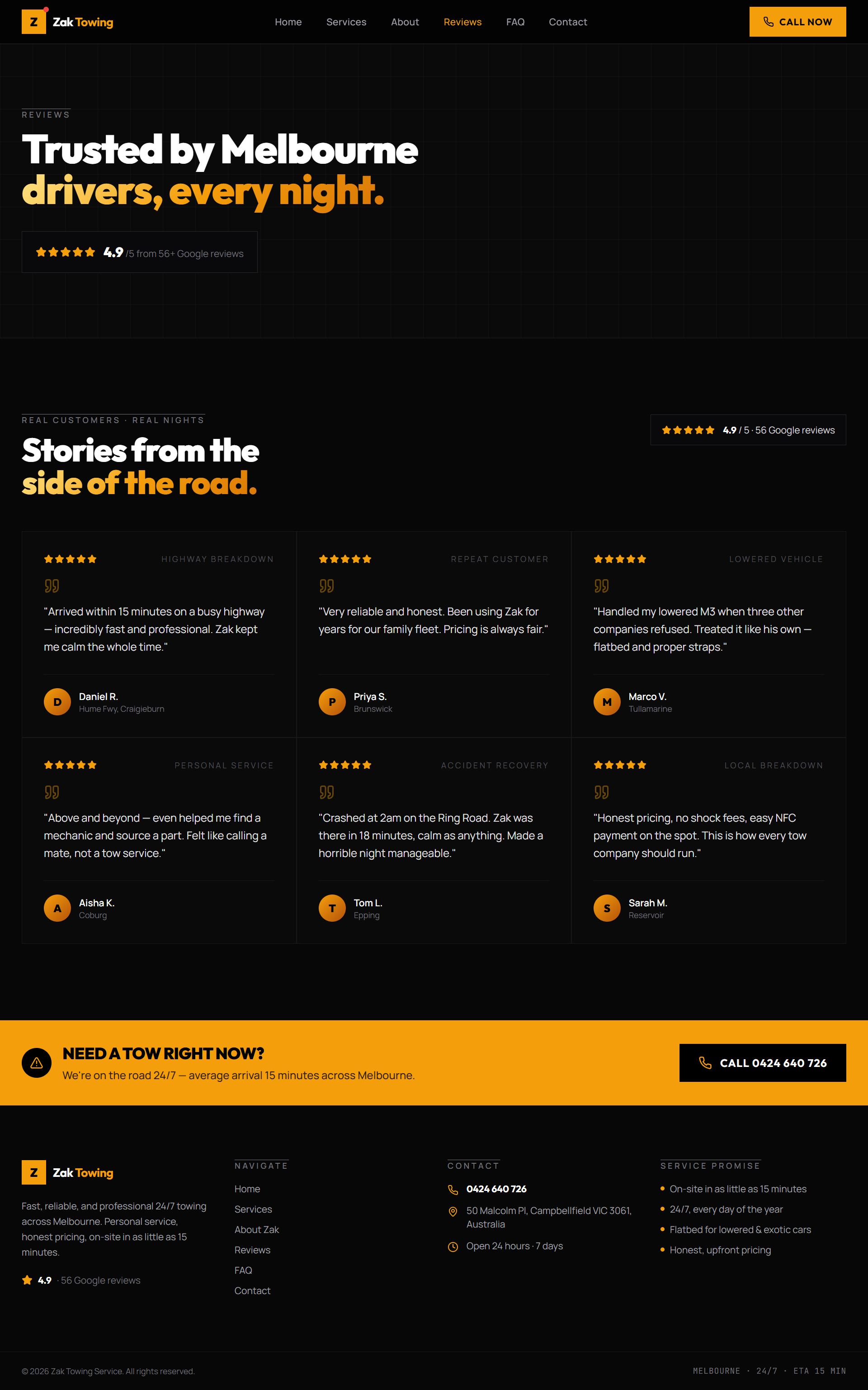 Zak Towing reviews page presenting client-provided customer proof.