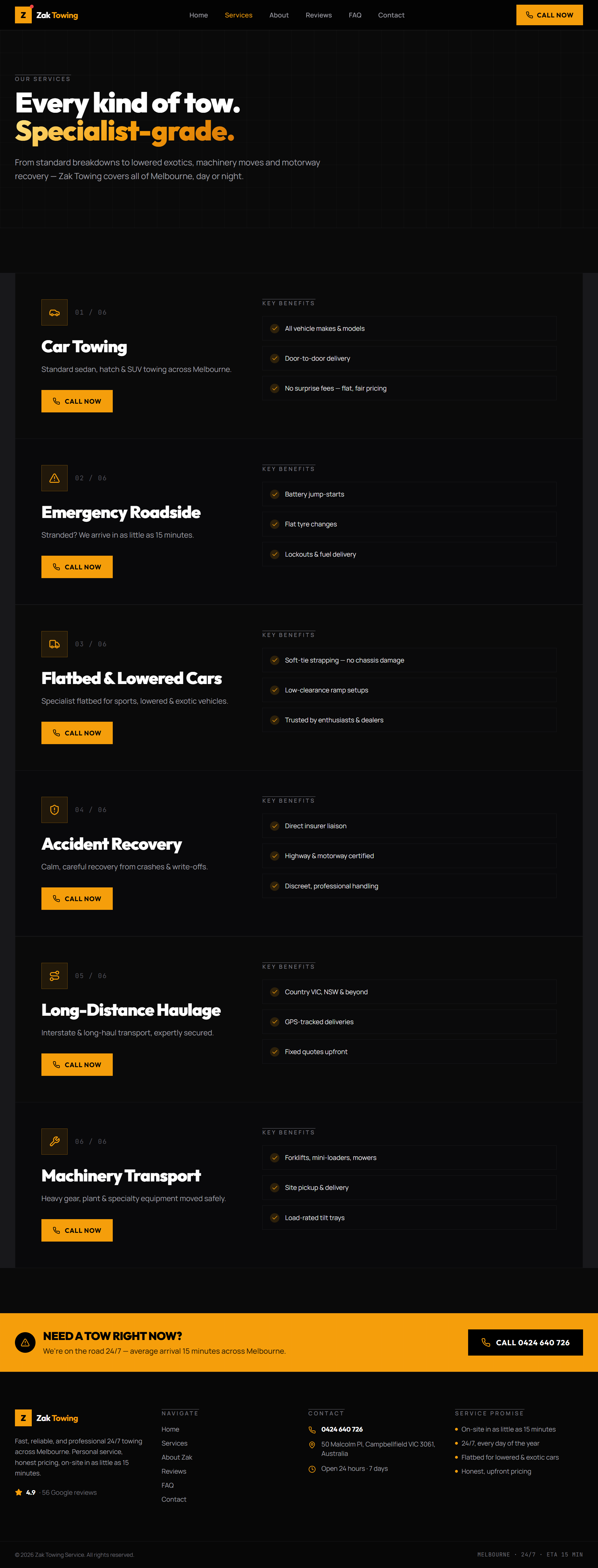 Zak Towing service page presenting towing, recovery, and specialist vehicle handling.