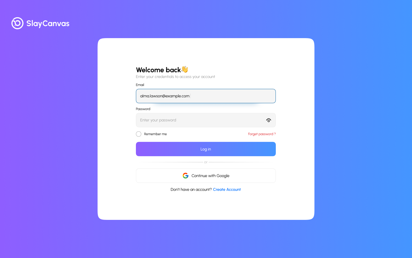 SlayCanvas login screen shown as secondary account-lifecycle evidence.