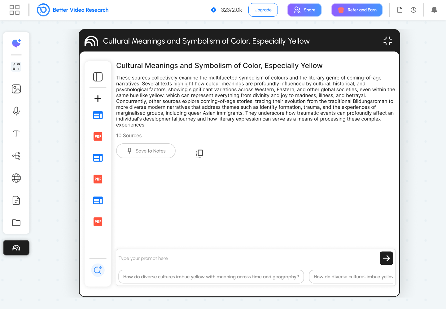 SlayCanvas notebook-style research view for working with collected sources.