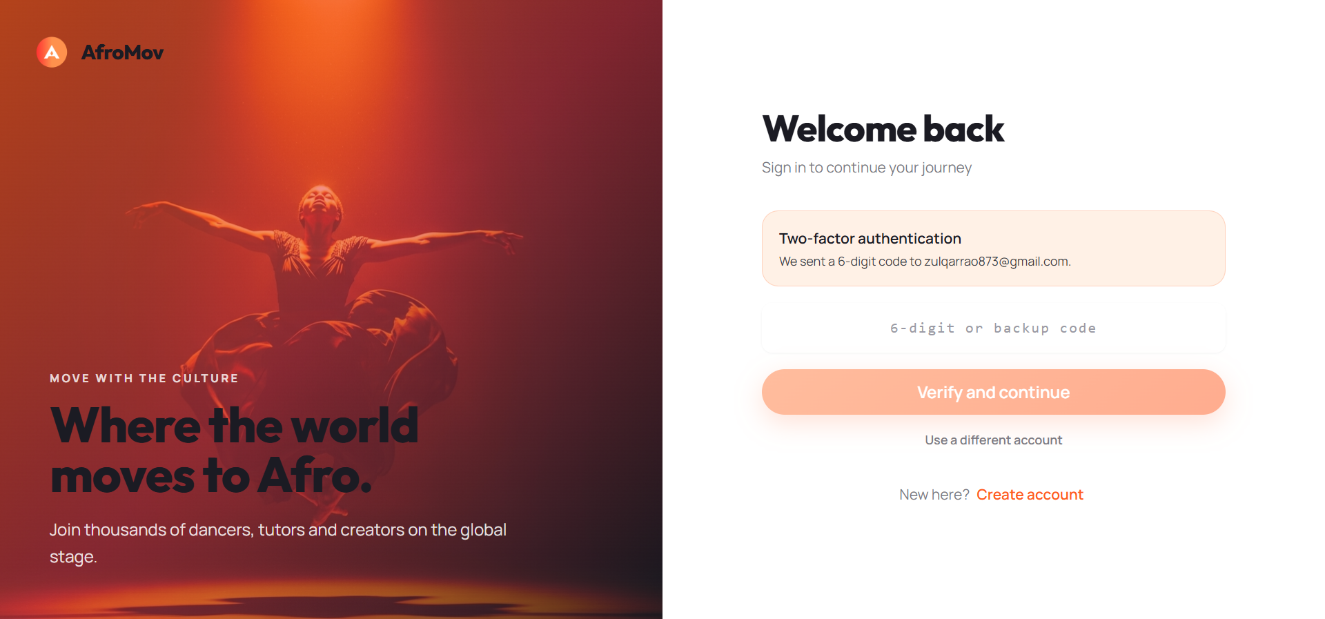 AfroMov two-factor security screen for account verification.