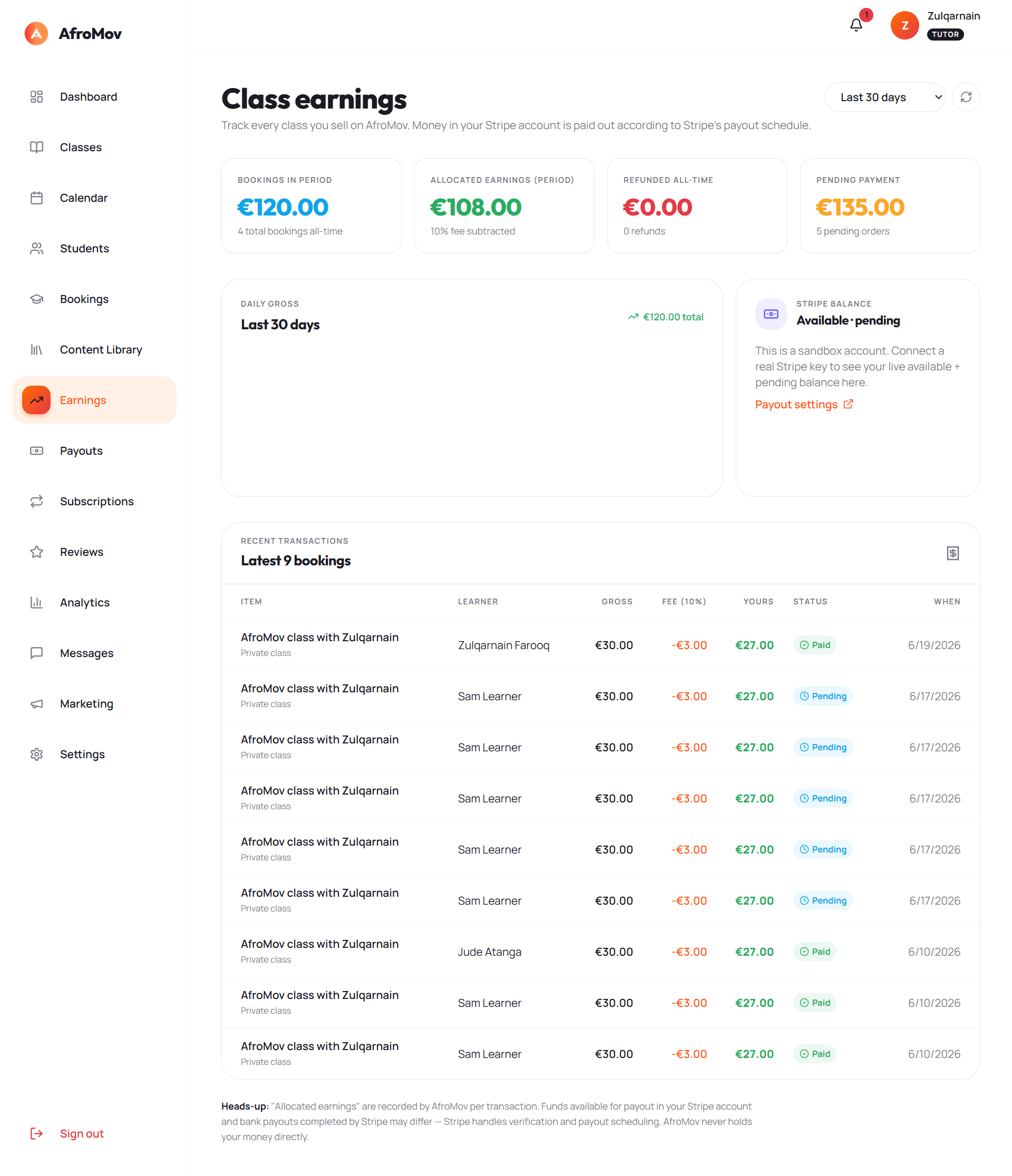 AfroMov tutor earnings dashboard showing balance and earnings activity.