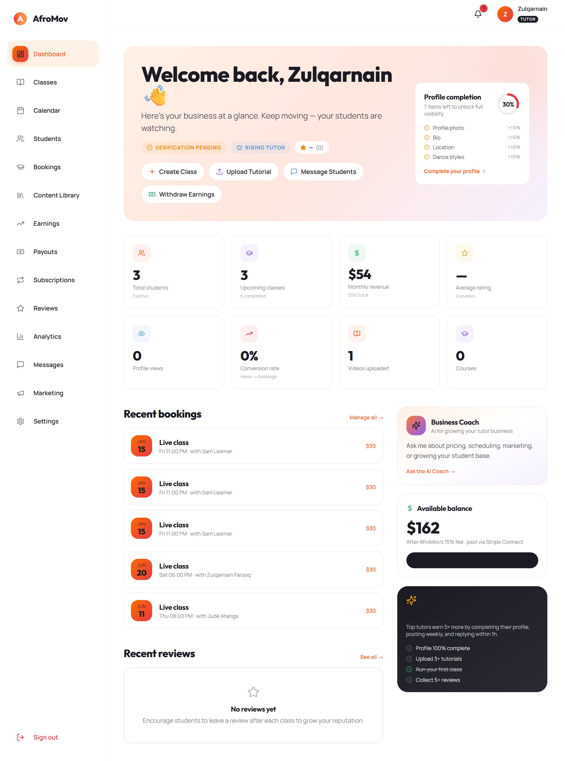 AfroMov creator dashboard with booking, student, profile, and earnings workflow areas.