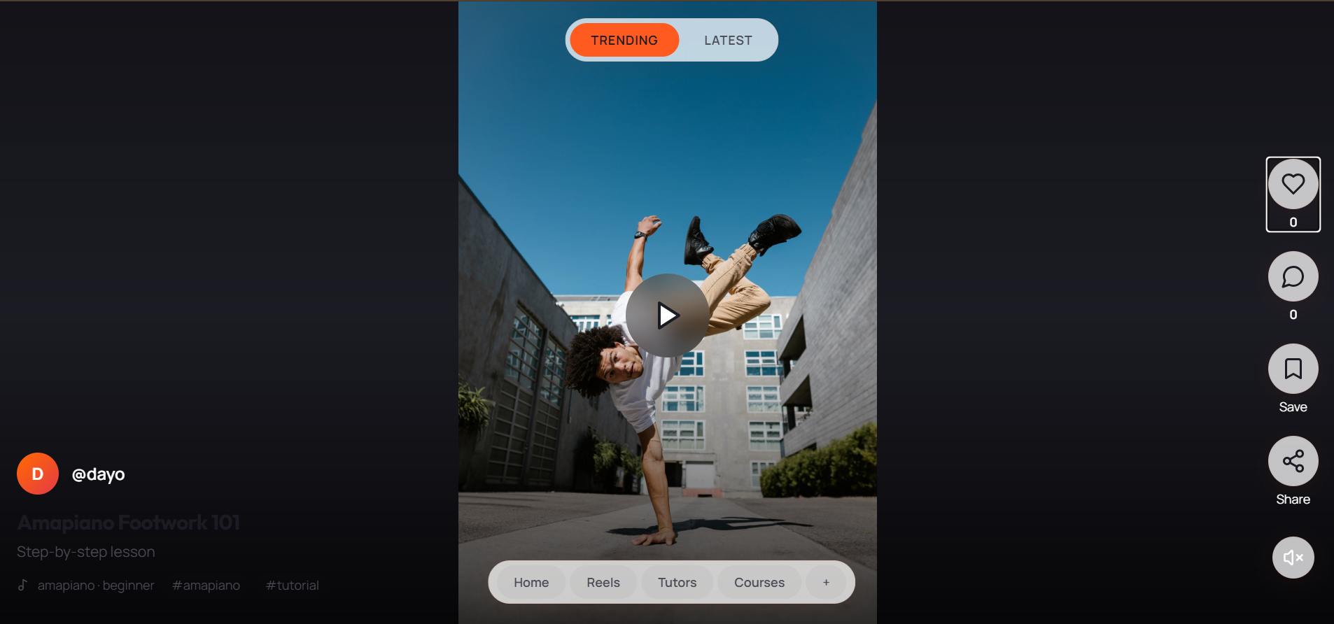 AfroMov learning screen showing a dance lesson experience with social actions.