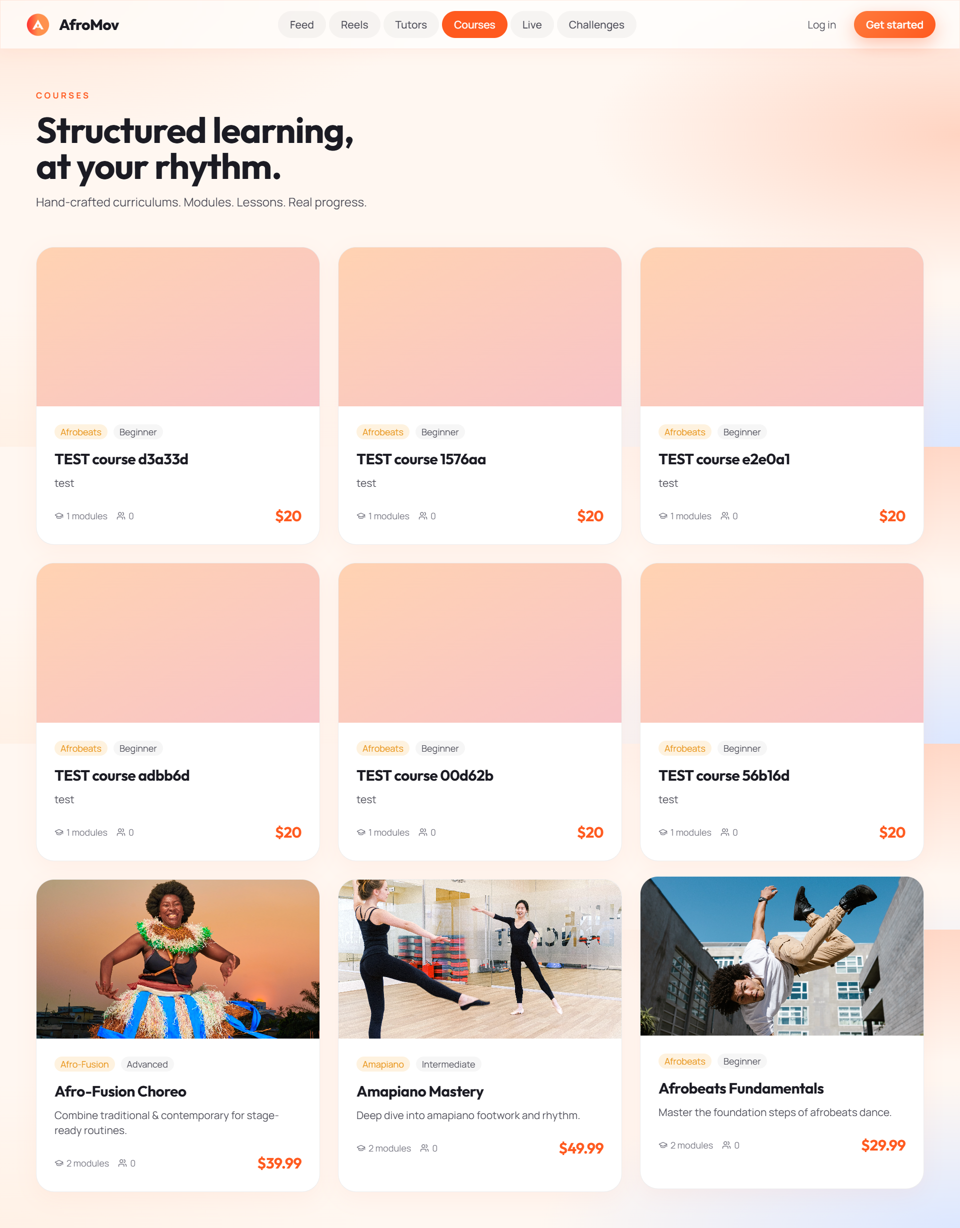 AfroMov course listing showing learning content available from dance tutors.