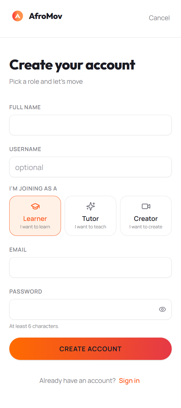 AfroMov mobile registration flow for a new platform user.