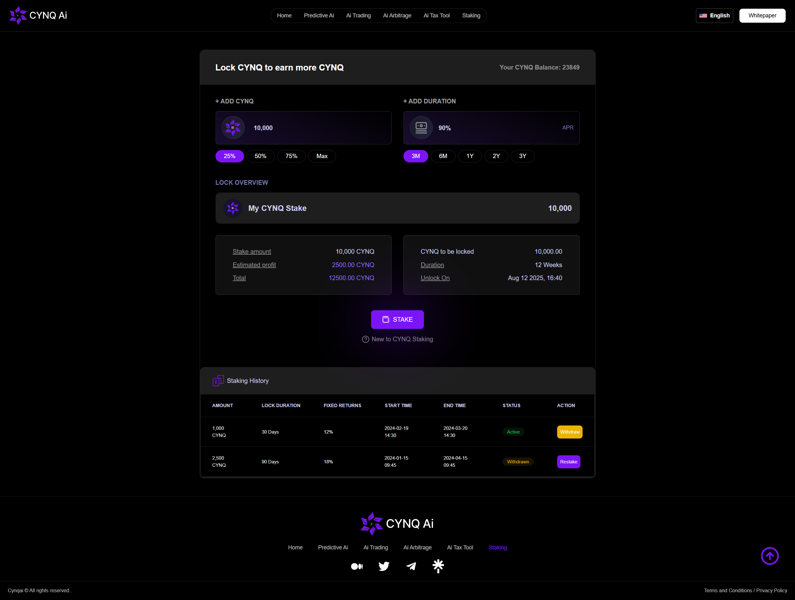 Desktop staking module with demonstration balances, durations, rates, and history.