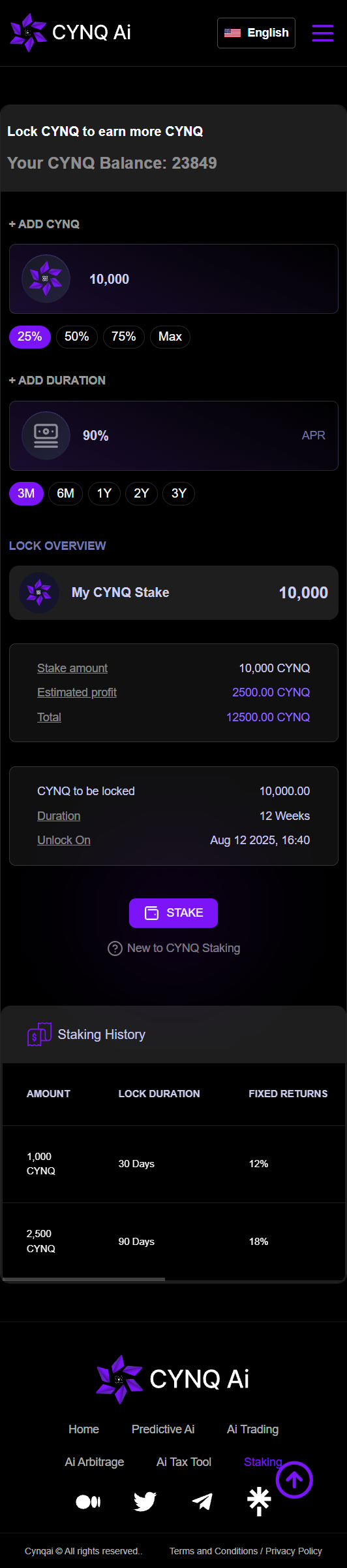 Mobile staking module with demonstration balances, durations, rates, and history.