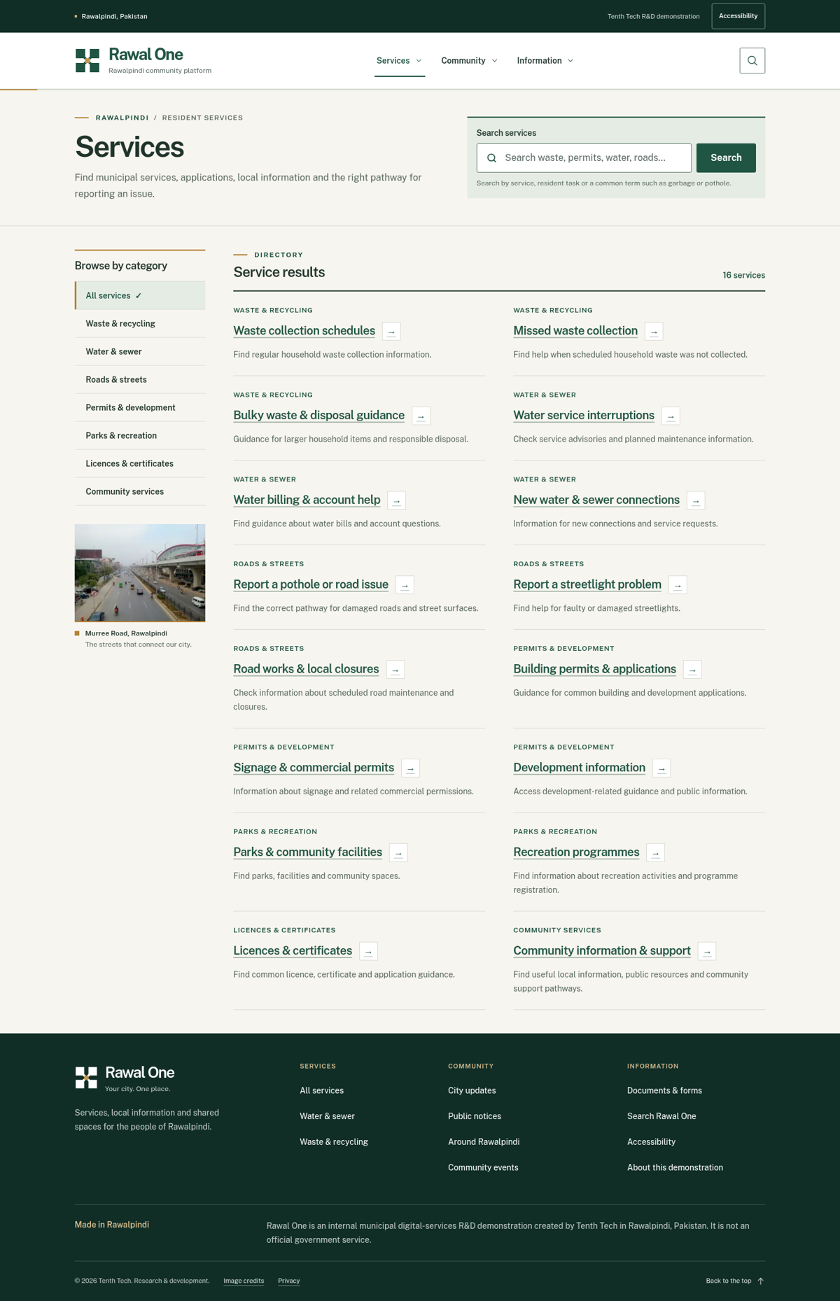 Rawal One services directory showing search, service categories, and 16 resident service guides.