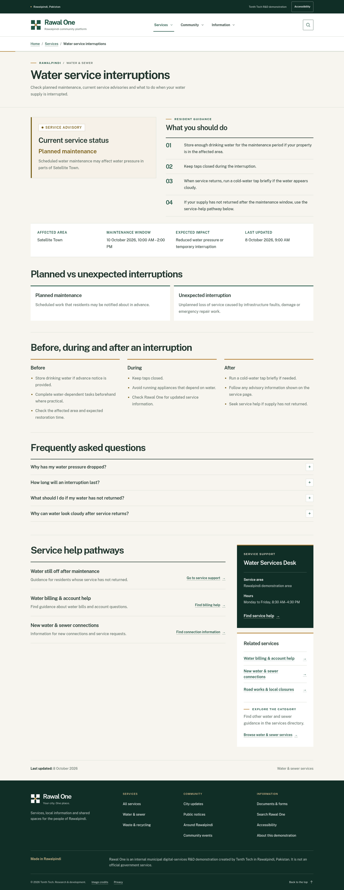 Rawal One demonstration water service guide with status context, resident steps, FAQs, and related support pathways.