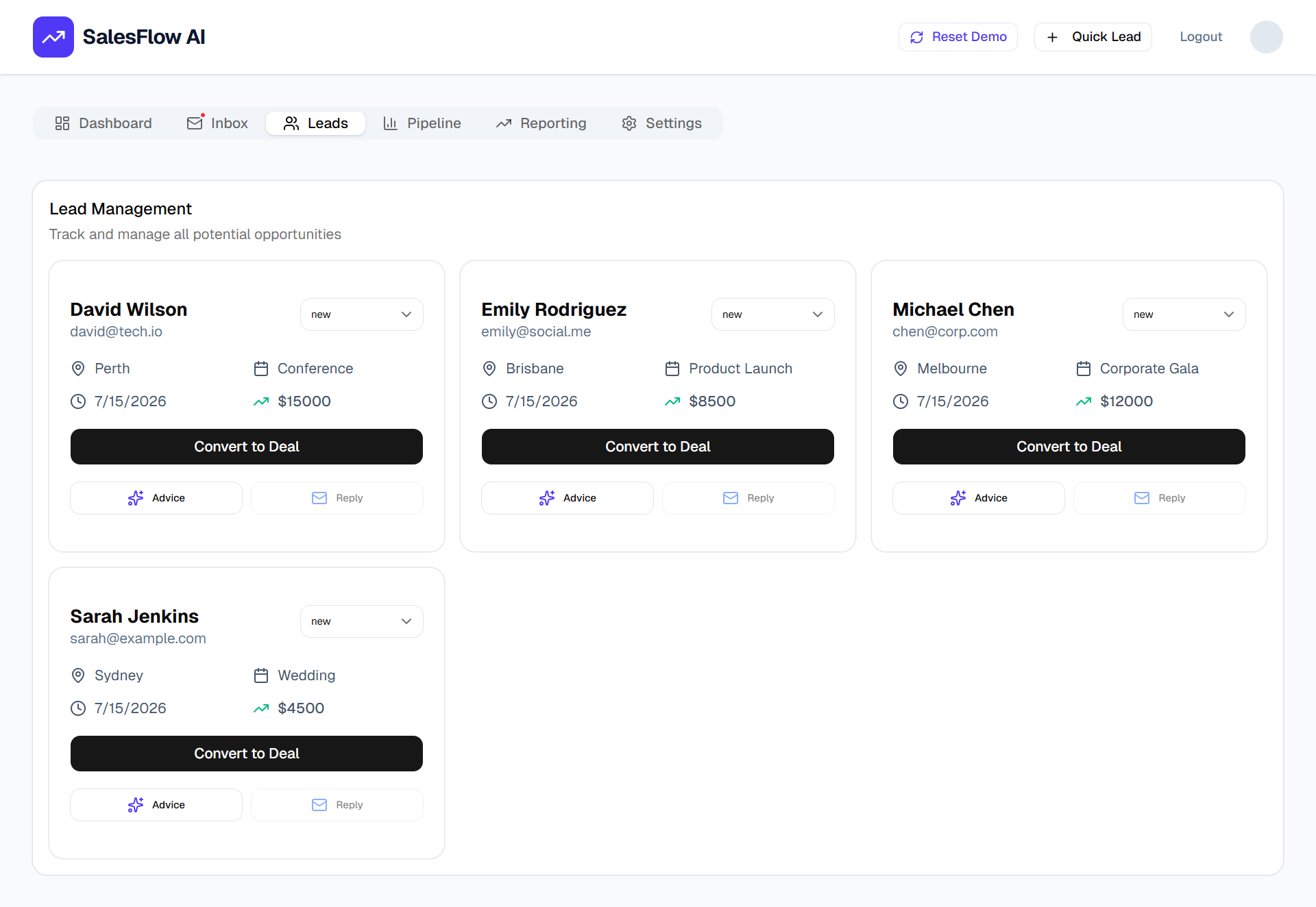 SalesFlow AI lead management screen containing fictional lead records.