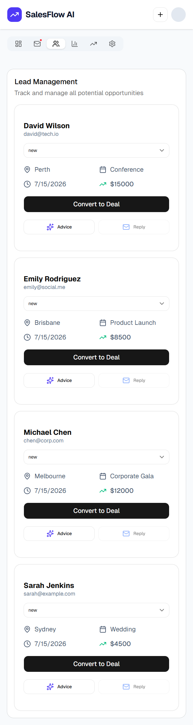 SalesFlow AI mobile lead list containing fictional lead records.